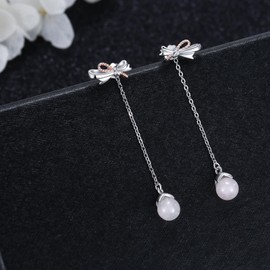 Bow Earrings for Women 925 Sterling Silver Bow Crystal Dangle Drop Earrings Long Bow Earrings Ladies Bridal Wedding Gifts, Sterling Silver