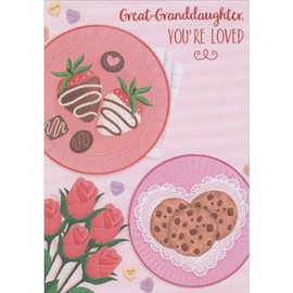 Designer Greetings Roses and Plates with Chocolate Covered Strawberries and Cookies Valentine's Day Card for Great-Granddaughter