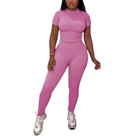 HBQ Women Two Piece Outfits Workout Sets Ribbed Casual Jogging Suits Short Sleeve Tracksuits-XL-Pink