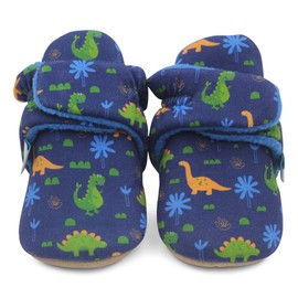 Dotty Fish Warm Fleece-Lined Baby Booties. Non-Slip Suede Sole. Navy Blue with Dinosaurs. 12-18 months