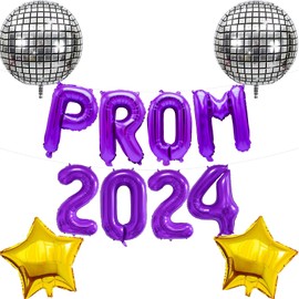Elicola Prom 2024 Balloons Banner with 2Pcs Star and Prom Disco Ball Foil Balloons Backdrop for High School College Grad Graduation Class of 2024 Party Decorations,Purple