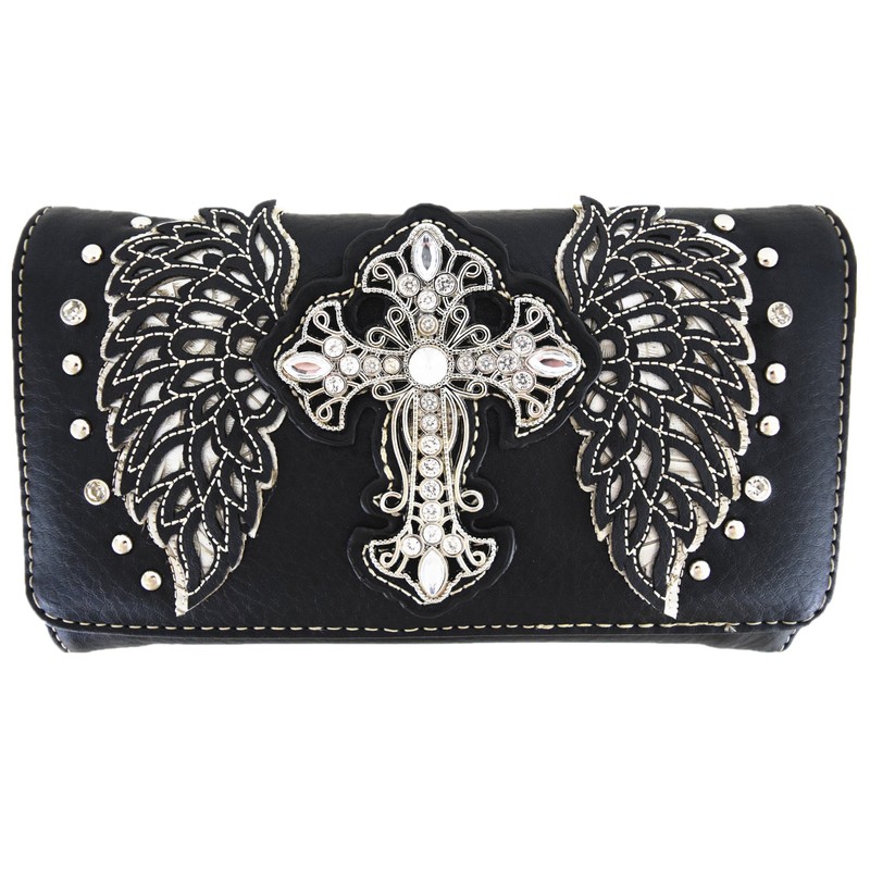 Western Style Rhinestone Cross Studded Laser Cut Wings Tooled Leather
