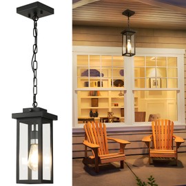 tewei 12.8'' Modern Outdoor Pendant Light, 1-Light Outdoor Hanging Lantern Light, Dusk to Dawn Matte Black Exterior Hanging Porch Light Fixture with Clear Glass, Outdoor Pendant Lights for Entryway