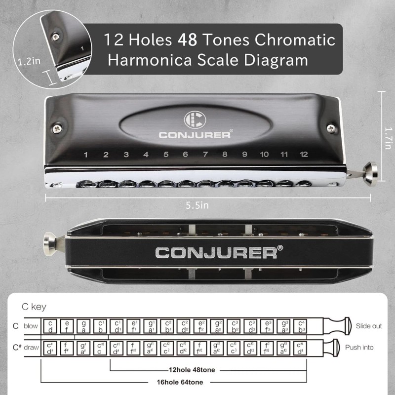 CONJURER Chromatic Harmonica Valveless 12 Hole Stainless Steel Mouth Organ