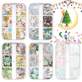 Christmas Nail Art Sequins, 5 Boxes Holographic Laser Snowflake Star Nail Glitter Sequins for Acrylic Nails Mixed Shape Xmas Nail Glitter Flakes Manicure Party Decoration - Type 1