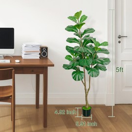 ATRUG 5ft Artificial Fiddle Leaf Fig Tree, Faux Ficus Lyrata Fake Tree with Black Planter Fake Fig Tree for Indoor Outdoor Home Office Decoration