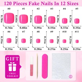 LoveOurHome 120pc Press on Toenails Women Fake Toe Nails with Glue Tabs, Hot Pink Fake Toenails Press on Toe Nails Glue on Toenails Acrylic Toe Nail Tips Artificial False Toenails for Women Girls