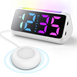Loud Alarm Clock for Heavy Sleepers, Vibrating Alarm Clocks with Bed Shaker, Night Light, RGB Display, Brightness Dimmer, Vibration Alarm Clock Bedside for Hearing Impaired Deaf People (White)