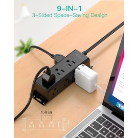 Power Bars with Surge Protector - 9 Widely Spaced Multi Outlets, Wall Mount, 3 Side Outlet Extender with 15Ft Extension Cord, Flat Plug for Home Office Dorm, Black