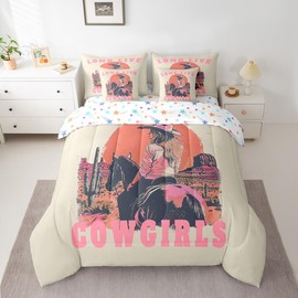 Feelyou Boys Girls Cowgirl Bed in A Bag Queen Size, Western 7 Pieces Bedding Set Wild West Cowboy Comforter Set with Sheets Kids Cactus Teens Bed Set Bedroom Decor 7Pcs