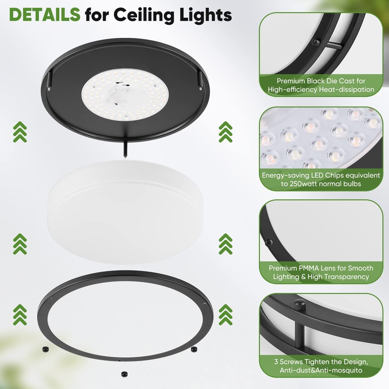 2-Pack 36W LED Ceiling Lights Black, 13inch Flush Mount Light