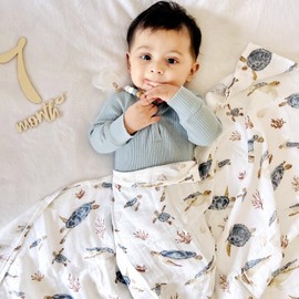 LifeTree Muslin Swaddle Blankets Neutral, Baby Swaddling Wrap Nursery Blanket for Boys & Girls Neutral, Soft 70% Viscose from Bamboo and 30% Cotton, Large 47 x 47 inches, Sea Turtle & Dinosaur