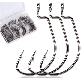 FINOSEAK 120Pcs Bass Hooks Set, Strong Offset Bass Fishing Hooks Freshwater Barbed Sharp Worm Hooks for Texas Rigging Fishing Extra Wide Gap 6 Sizes Assorted #1 1/0 2/0 3/0 4/0 5/0