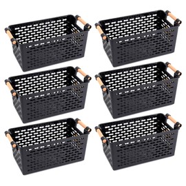 Yesland 6 Pack Plastic Storage Basket, Black Basket Organizer Bin with Handles for Home Office Closet, 6 x 12 x 5 Inches