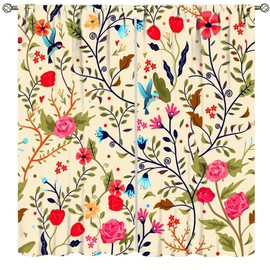 Vintage Rustic Flower Bird Curtains,Retro Plants Leaves Colorful Nature Floral Print Window Curtains for Bedroom Living Room Kitchen Village Art Design Window Drapes 2 Panel Set 42" x 45"