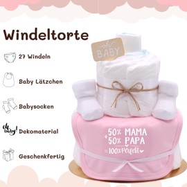 Trend Mama Windeltorte Mädchen mit Spruch | 50% Mama + 50% Papa = 100% Perfekt | Babylätzchen und Babysocken | Babygeschenk zur Geburt