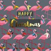 Christmas Card, Flamingoes and Holly, text foiled in shiny gold