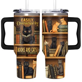 SUFAVN Book Lover Gifts For Women - Cat Book Cup, Cat Lovers Gifts - Book Gifts For Women, Book Lovers, Book Girls, Cat Mom, Cat Owner - Bookshelf Travel Cup - Tumbler 40oz with Handle