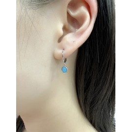 Dainty Bezel Hoop Earrings for Women Girls 925 Sterling Silver Hypoallergenic 6mm Round CZ Birthstone Charms Dangle Drop Cartilage Small Hoops Huggie Jewelry Cute Birthday Holiday Homecoming BFF Gifts (Blue Turquoise)