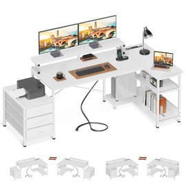 AODK L Shaped Computer Desk with Power Outlets & 3 Cloth Drawers, 79 Inches Reversible Office Desk with Shelves & Monitor Stand, Corner Desk with USB Ports, Study Desk Writing Table for Bedroom, White