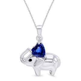 AFFY Elephant Pendant Necklace Heart Shaped Simulated Blue Sapphire CZ 14K White Gold Over Sterling Silver