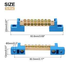 Sourcing Map 5 Pcs Brass 8 Position Ground Bus Bar Terminal Block, Blue