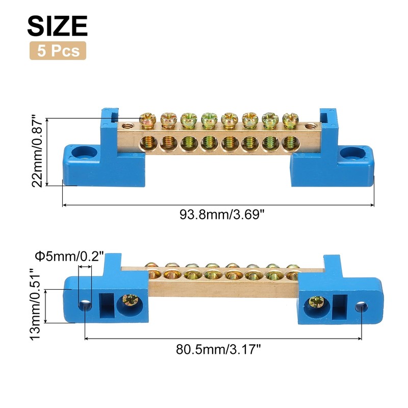 Sourcing Map 5 Pcs Brass 8 Position Ground Bus Bar