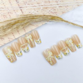 24Pcs French Tip Press on Nails Medium Length Coffin Fake Nails Bow Pattern Design Nude Pink Full Cover False Nails French Tip Glitter Spring Summer Reusable Nail for Daily DIY Nail Accessories