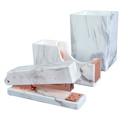 Stationery Office Kit Marble Print Desk Pen Holder Cup | Tape Dispenser | Desktop Staplers Rose Gold Tone Office School Accessories Supplies Set (Pen Holder & Tape Dispenser & Stapler(Rose Gold))