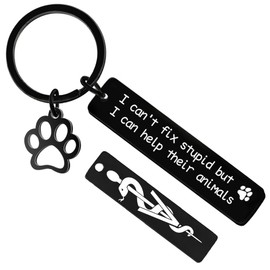 Veterinarian Gifts Keychain Men Women - Funny Keyring I Can’t Fix Stupid but I Can Help Their Animals, Thank You Gifts for Vet Tech Veterinarians Graduation Present (Black C)