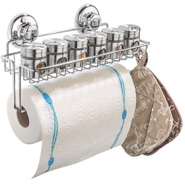 Suction Cup Paper Towel Holder With Shelf and Hooks - Wall Mount Metal Organizer for Bathroom & Kitchen - SUS 304 Stainless Steel Tissue Roll Hanger - Chrome