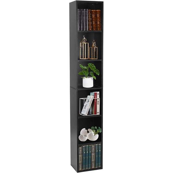 HOFFREE 6-Tier Narrow Bookcase Tall Wood Bookshelf Cabinet Cube Organizer Book Shelves Display Storage Shelves Rack for Small Spaces Home Office Living Room - Black