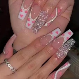 White French Tip Press on Nails Long, Coffin Ballerina Fakes Nails with Pink Hearts Glitter Designs Valentine’s Artificial Nails Full Cover False Nails Glossy Stick on Nails for Women and Girls 24Pcs
