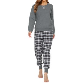 Mnemo Women's 100% Cotton Comfortable Pyjamas, with Checked Pattern, Grey and black, XS