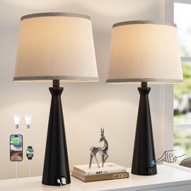 Seealle Modern Table Lamps Set of 2 - Touch Bedside Lamp for Nightstand with Dual USB C+A,3-Way Dimmable Nightstand Lamps for Living Room Bedroom End Table with Grey Shade(Bulb Included)