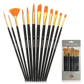 12 PCS Artists Paint Brushes, Wooden Handle Paint Brush Set Nylon Hair Paint Brushes for Watercolour Acrylics Inks Gouache Painting (Black, 12 Sizes)
