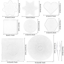 Set of 8 Ironing Beads Plates, Ironing Beads Pegboard, Ironing Beads Plates Set, Ironing Beads Stencil in Many Shapes, Bead Plate Square, DIY Transparent Shape Puzzle with 1 White Tweezers (A)