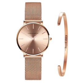 Kubagom Women's Watches Analogue Quartz Stainless Steel Waterproof Mesh Ultra Thin Set with Bangle, Rose gold surface, rose gold bracelet, rose gold bangle.
