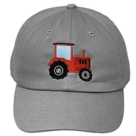 Funky Junque Kids Toddler Girl Boy Low Profile Washed Cotton Baseball Cap Hat, Tractor - Grey (6-9), 6-9 Years