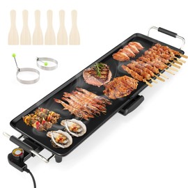 CHEFJOY 27” Large Electric Griddle, Teppanyaki Grill w/Nonstick Surface, 4 Adjustable Temperature, Insulated Handles & Drip Tray, Indoor & Outdoor Tabletop Griddle for Party, Camping (27“)