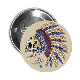 Round Pinback Button Brooch Skull with Colorful Feather Headdress and Earrings (Beige, 2.25" Inch)