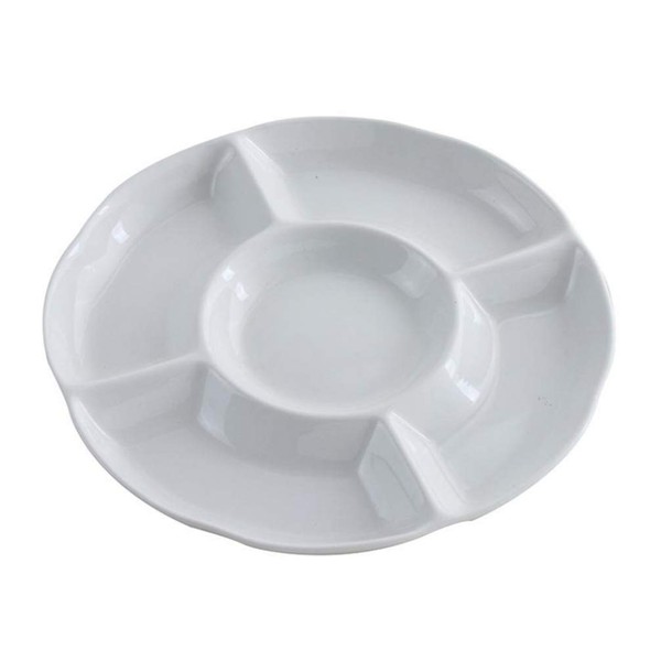 BESTonZON Dip/Snack Bowls, Round Plastic Tray, Food, Fruit, Sweets, Tray, Appetizer, Serving Plate with 5 Compartments (9 Inches, 23 x 2.8, White)