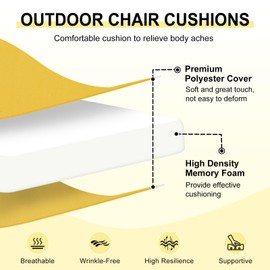 downluxe Outdoor Chair Cushions Set of 6 for Patio Furniture, Water-Resistant Square Corner Patio Chair Cushions with Ties, High Density Foam Outdoor Seat Cushion, 18.5" X 16" X 3", Yellow