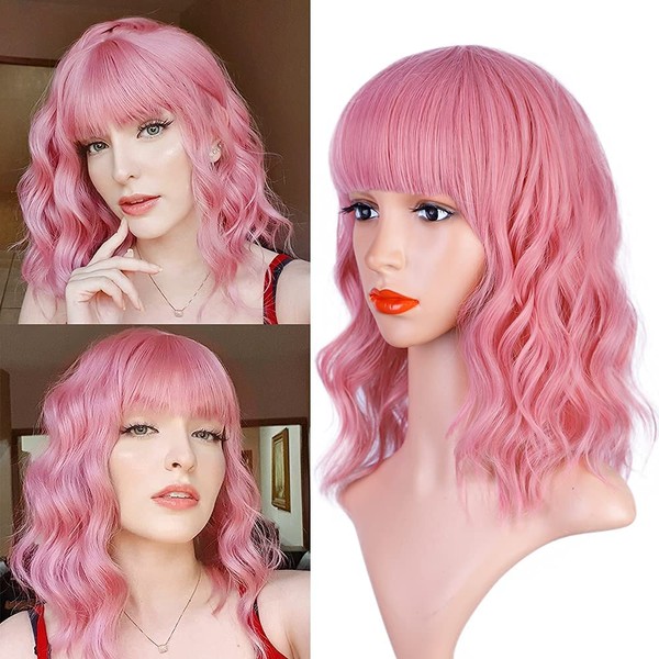Mildiso Wig, Pink, for Women, Short Bob, Curls, with Bangs, Natural Wig for Women, Cosplay / Costume Party