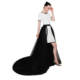 EllieWely Overskirt Short Front Long Back Party Tutu Tulle Skirt Black L