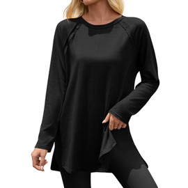 Cicy Bell Womens Long Sleeve Tunic Tops Side Slit Crew Neck Oversized T Shirts Fall Casual Loose Fit Basic Tees Shirts Black