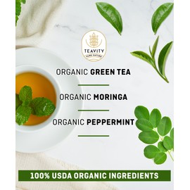 Organic Moringa Green Tea with Peppermint Tea Pods for Keurig - Naturally Caffeinated by Teavity (12 Tea Pods)
