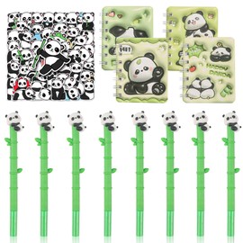 Panda Stationery Set, 8 Pieces Mini Notebook + 8 Pieces Cartoon Panda Gel Pens + 50 Pieces Stickers for Children, Cartoon Spiral Notebook Gel Pen Black, Panda School Office Supplies