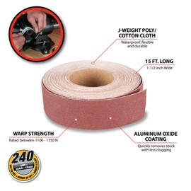 Performance Tool W3054 240-Grit Emery Cloth Roll, 15' Length x 1.5" Width