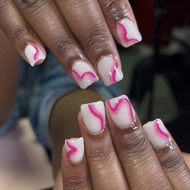 Square Press On Nails Short Fake Nails White False Nails With Pink Wave Design Summer Acrylic Full Cover Artificial N Glue On Nail Cute Stick On Nail For Women 24pcs